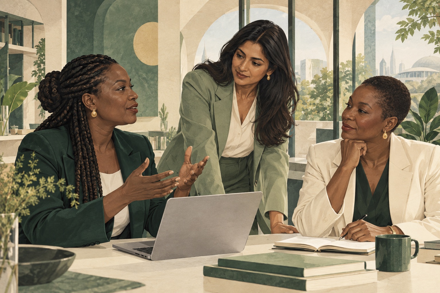Editorial illustration of women exchanging professional and technology expertise.